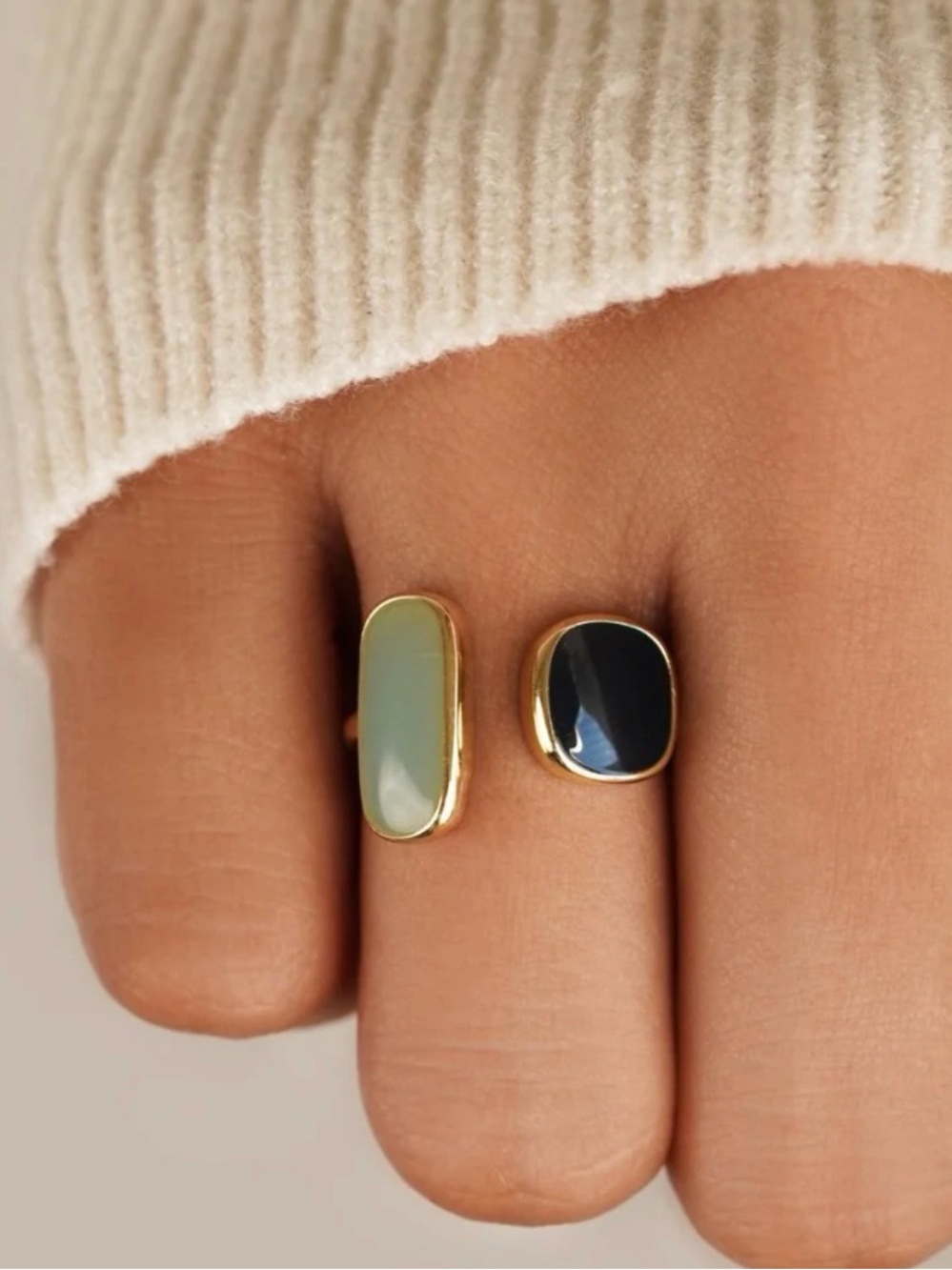 Gold Open Band Ring with Aqua and Navy Stones